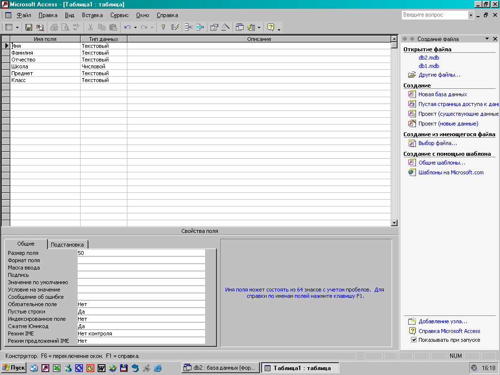 Интерфейс Access 2003